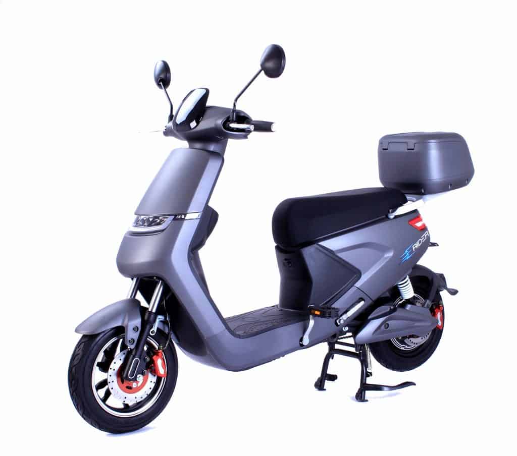 Grey Electric Moped On Stand